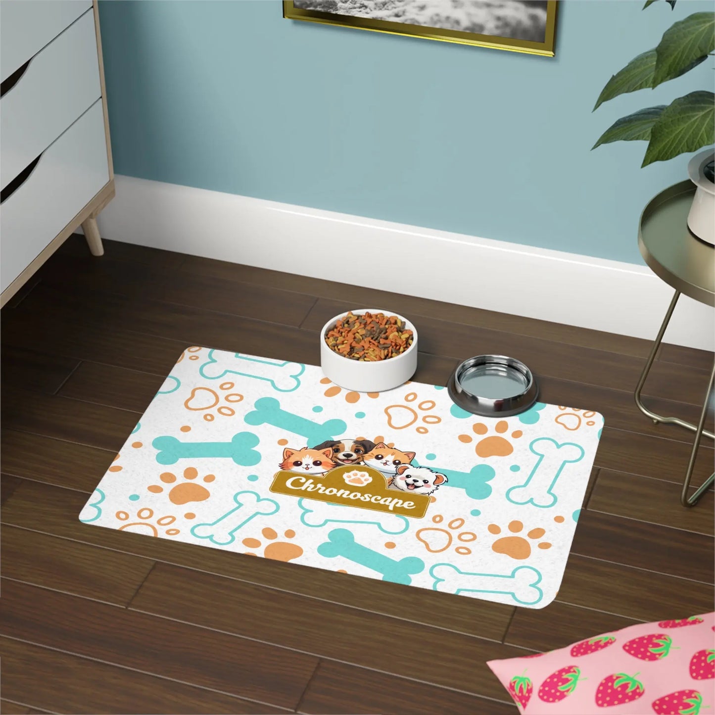 Cute Paw Print Pet Food Mat (12x18) — Waterproof Dog & Cat Feeding Placemat with Bones Design Printify