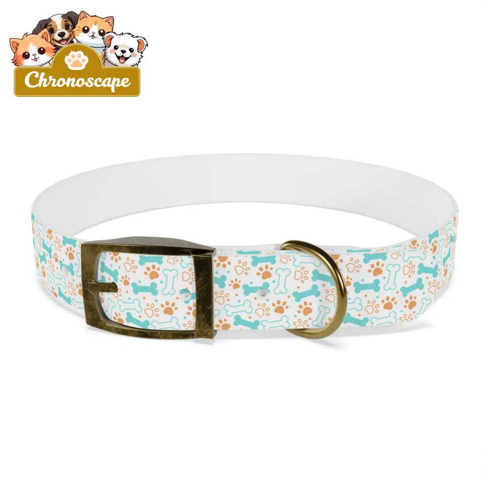 Pet Collar — Cute Paw & Bone Pattern Adjustable Dog Collar (Blue & Tan) L / Vintage Brass / TPU Pets