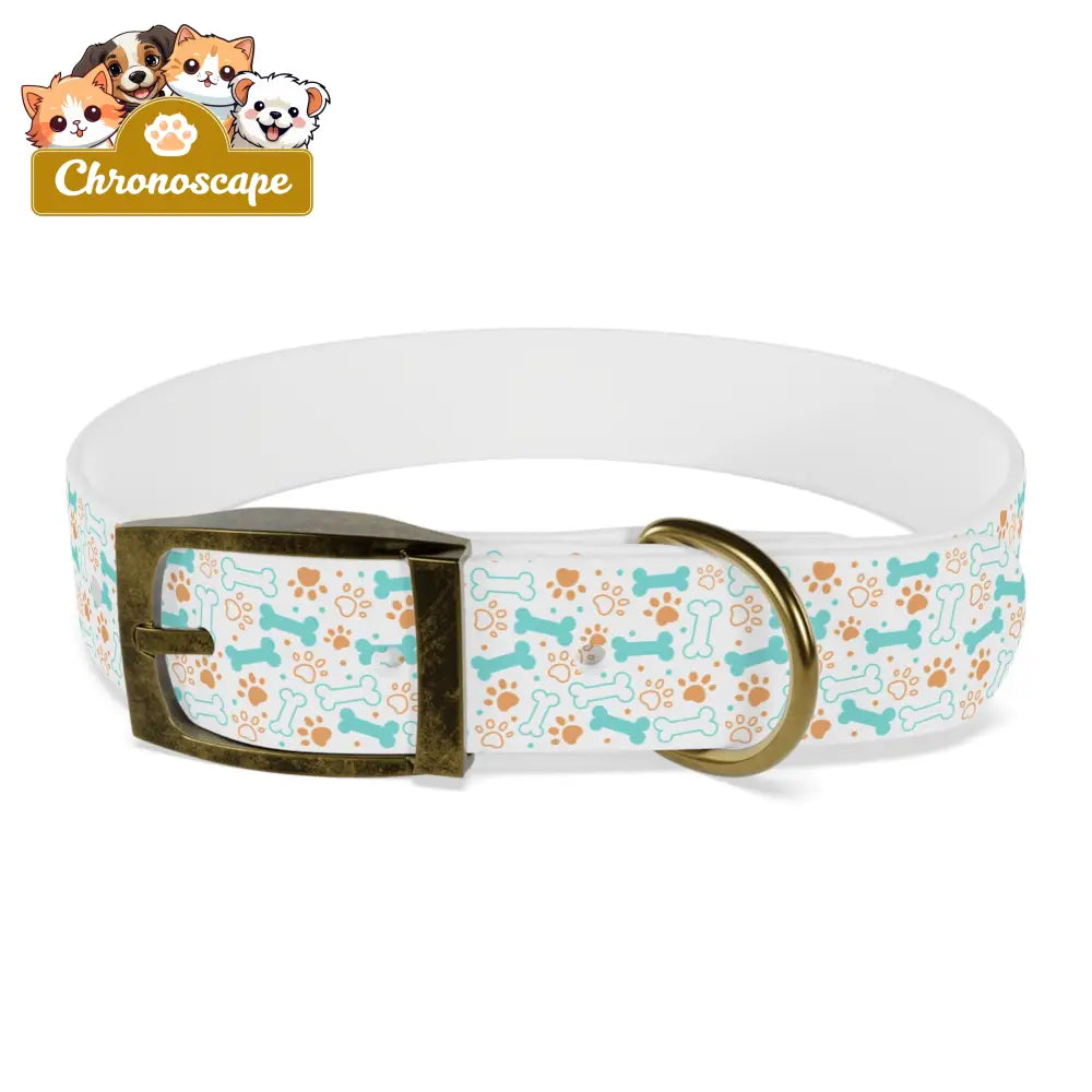 Pet Collar — Cute Paw & Bone Pattern Adjustable Dog Collar (Blue & Tan) M / Vintage Brass / TPU Pets