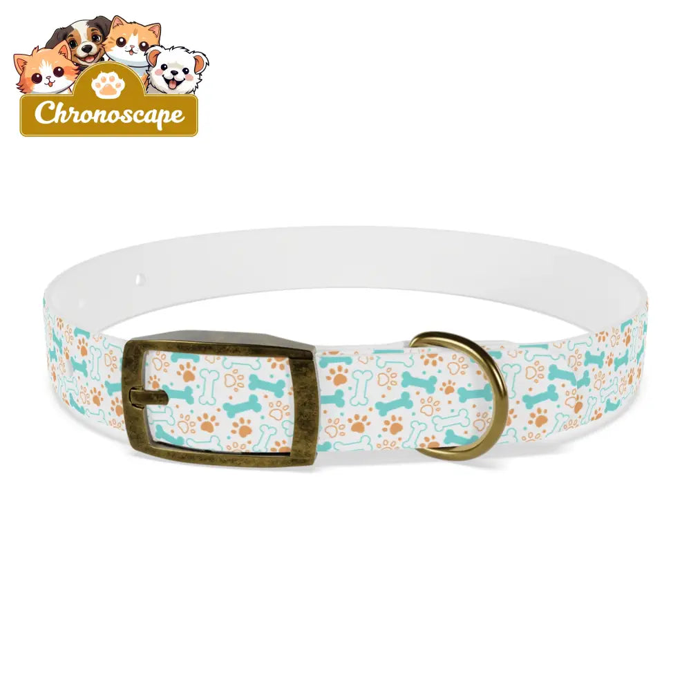 Pet Collar — Cute Paw & Bone Pattern Adjustable Dog Collar (Blue & Tan) S / Vintage Brass / TPU Pets