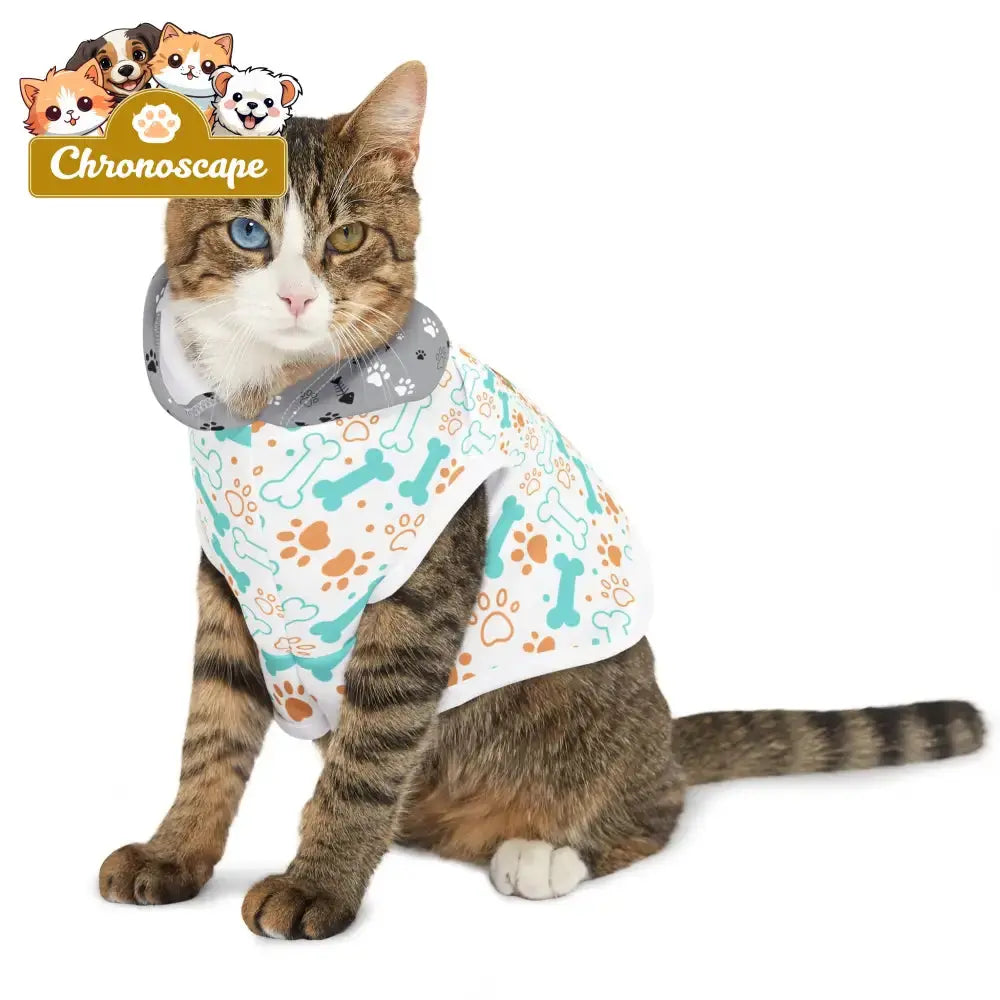 Pet Hoodie - Cute Bones & Paws Pattern Dog Hoodie with Grey Paw-Print Hood Pets