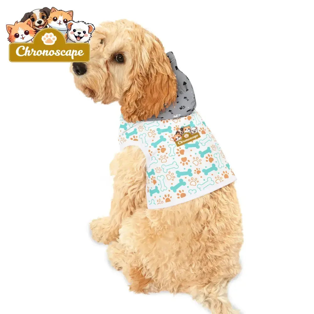 Pet Hoodie - Cute Bones & Paws Pattern Dog Hoodie with Grey Paw-Print Hood Pets
