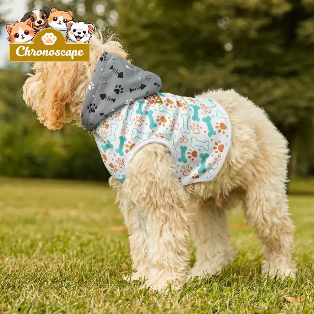 Pet Hoodie - Cute Bones & Paws Pattern Dog Hoodie with Grey Paw-Print Hood Pets