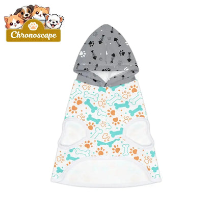 Pet Hoodie - Cute Bones & Paws Pattern Dog Hoodie with Grey Paw-Print Hood XXS / White Rib Pets